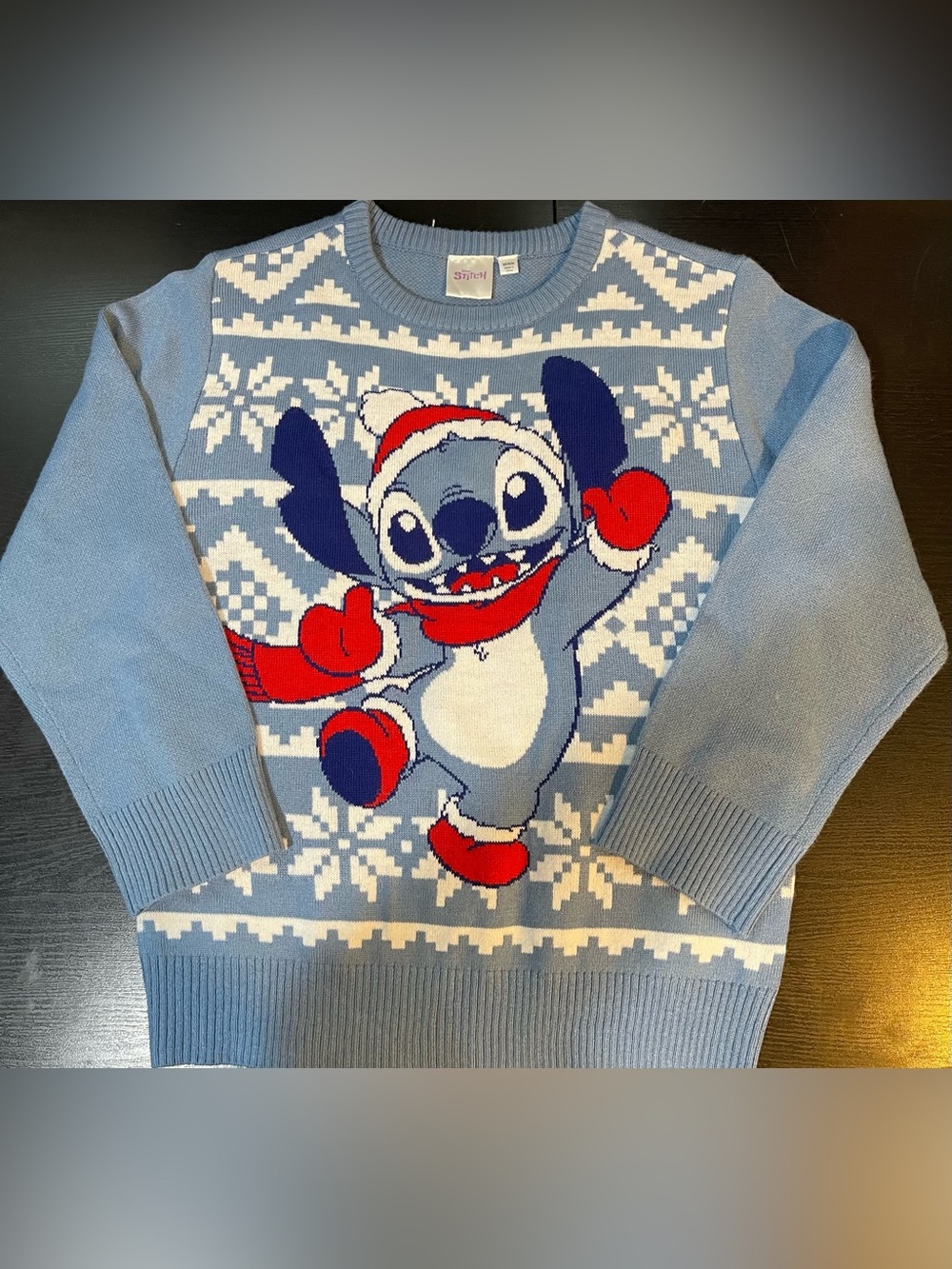 Disney Stitch Light Blue Stitch Holiday Crewneck Sweater with Red Accents